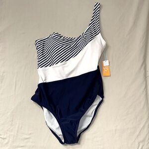 NWT Kona Sol Bathing Swim Suit Women's L One Piece Shoulder Navy Pool Beach Summ